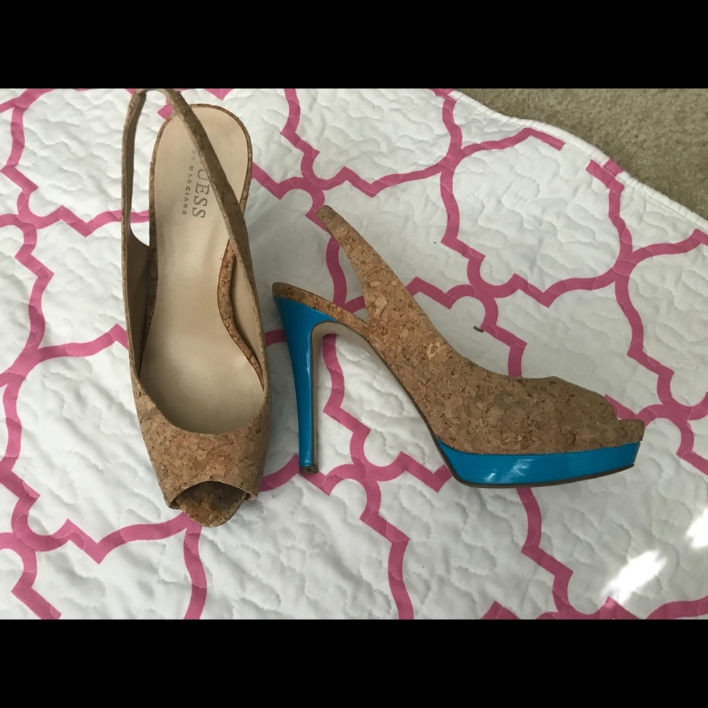 Cork & Turquoise Slingback Heels Sz 7.5